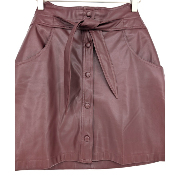 Bishop & Young Burgundy Vegan Leather Mini Skirt Small Button Up Tie Waist Retro - Picture 5 of 11
